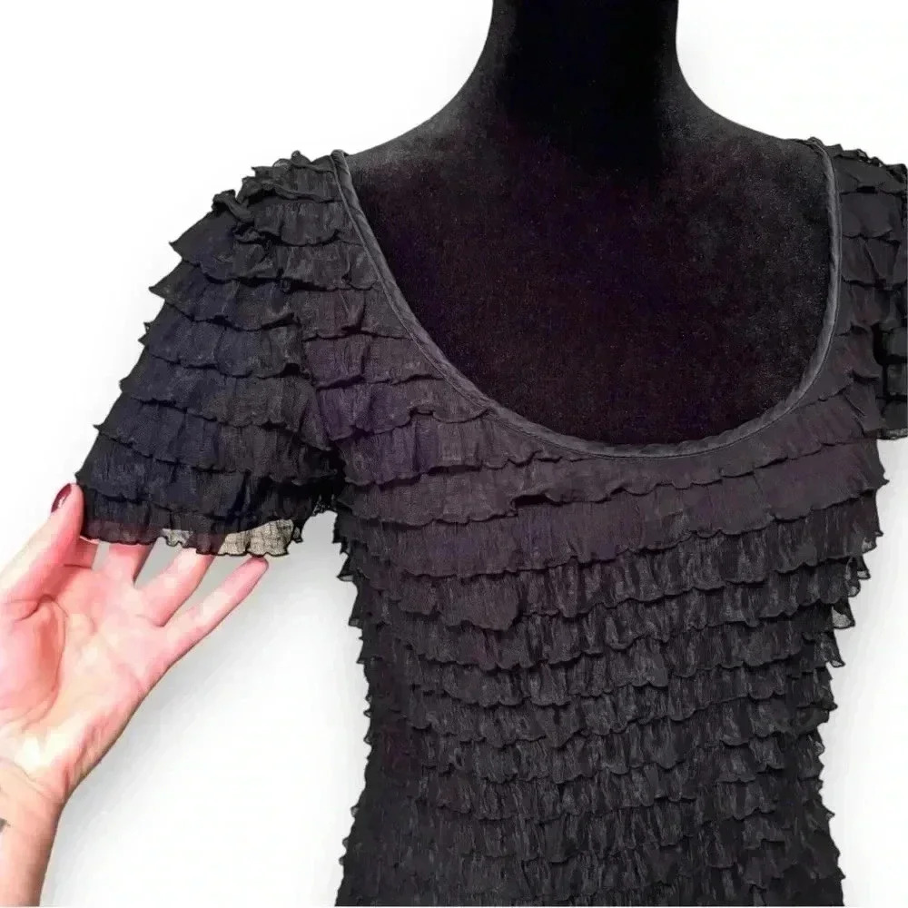 Betsy Johnson P Black Short Sleeve Ruffled Scoop Neck Bodycon Girly Minidress - Picture 13 of 16